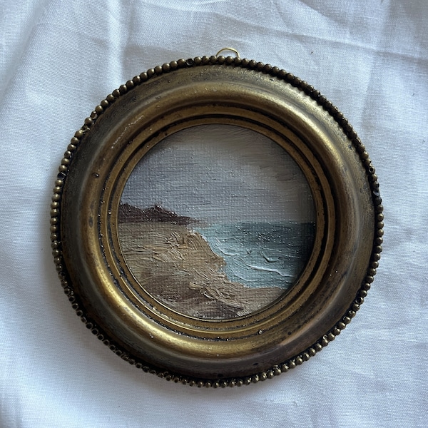 Round framed beach oil painting, Vintage golden frame seascape, original coastal oil painting, antique beach painting, little painting art