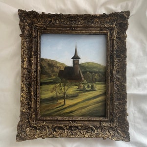 Vintage 12/14 in Golden Framed oil painting landscape old wooden church, Original and authentic hand painted rural scenery warm antique look