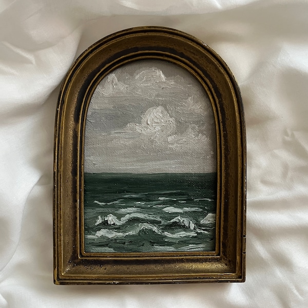 Vintage framed seascape oil painting | Original arched antique tropical wall art | Framed beach oil painting gallery | Original coastal art