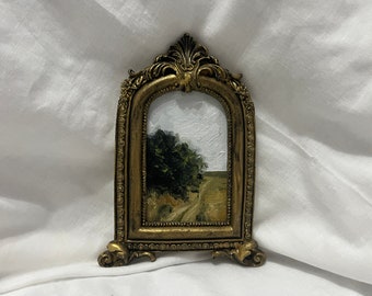 Vintage Golden Arch Framed oil painting landscape field and trees Original and authentic painted French countryside moody rustic scenery art