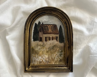 Vintage Golden Framed watercolor landscape farmhouse and garden Original and authentic hand painted french countryside moody rustic house