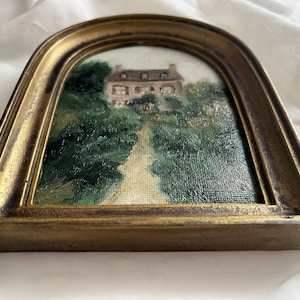 Vintage Golden Framed oil painting landscape farmhouse and garden Original and authentic hand painted french countryside moody rustic house image 3