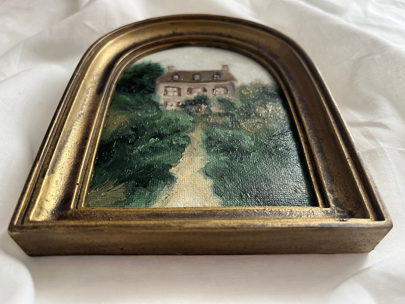 Vintage Golden Framed oil painting landscape farmhouse and garden Original and authentic hand painted french countryside moody rustic house image 3