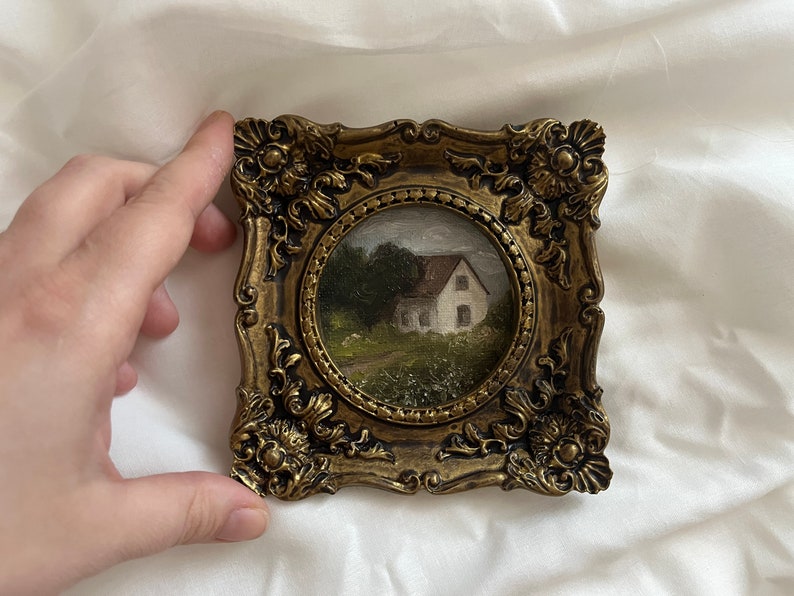 Vintage original framed countryside landscape, vintage house and garden oil painting, vintage little rural painting, antique original art image 3