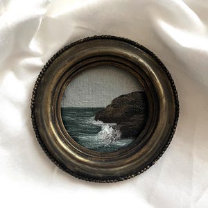 Original framed seascape oil painting | Round Small 4x4 inches Coastal Painting in Handmade Ceramic Frame | Coastal sea art