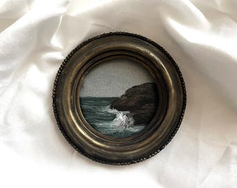 Original framed seascape oil painting | Round Small 4x4 inches Coastal Painting in Handmade Ceramic Frame | Coastal sea art
