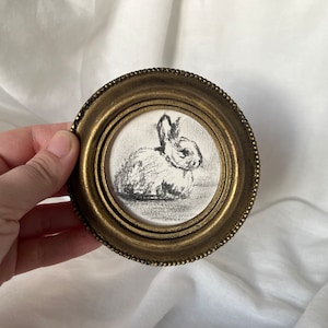 Unique framed cute little bunny | Charcoal bunny original drawing | Vintage rabbit art | Golden antique handmade frame | Little gift art