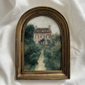 Original landscape Farmhouse and Garden Oil Painting in Golden Handmade Arched Frame, Authentic Hand Painted French Countryside Rustic House