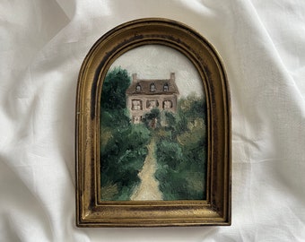 Original landscape Farmhouse and Garden Oil Painting in Golden Handmade Arched Frame, Authentic Hand Painted French Countryside Rustic House