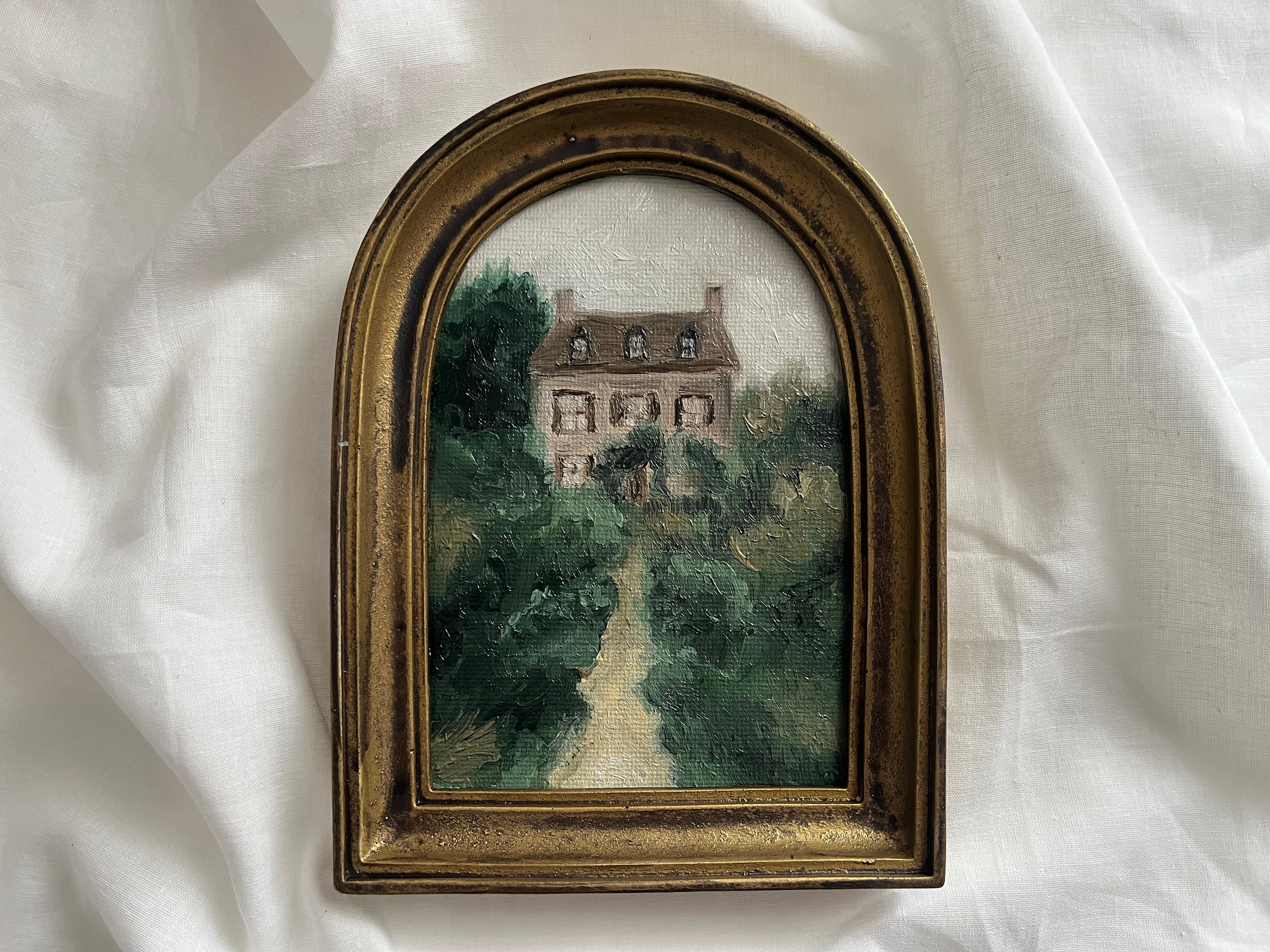 Original landscape Farmhouse and Garden Oil Painting in Golden Handmade Arched Frame, Authentic Hand Painted French Countryside Rustic House