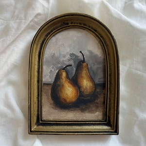Natura morta incorniciata vintage con pere, pittura ad acquerello originale fatta a mano in cornice dorata fatta a mano, natura morta antica con frutta