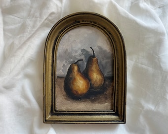 Vintage framed still life with pears, Original handmade watercolor painting in handmade golden frame, Antique still life with fruits art