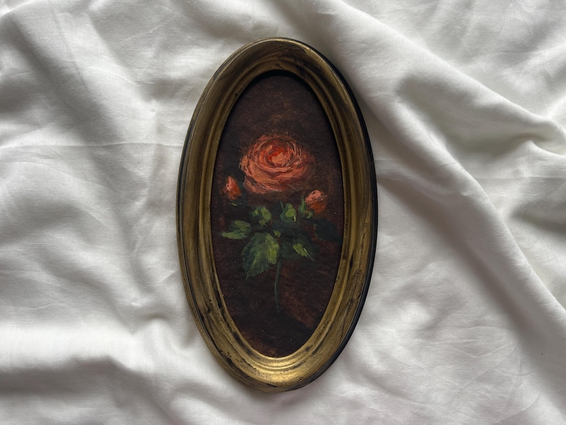 Framed Original Red Rose Watercolor Painting, Oval Vintage Looking