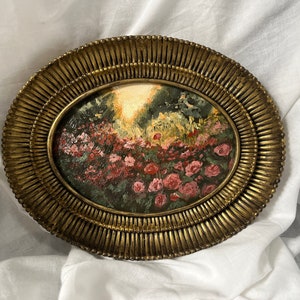 Campi ovali incorniciati dorati al tramonto, campo rustico originale fatto a mano, arte murale della fattoria dall'aspetto vintage, regalo speciale francese