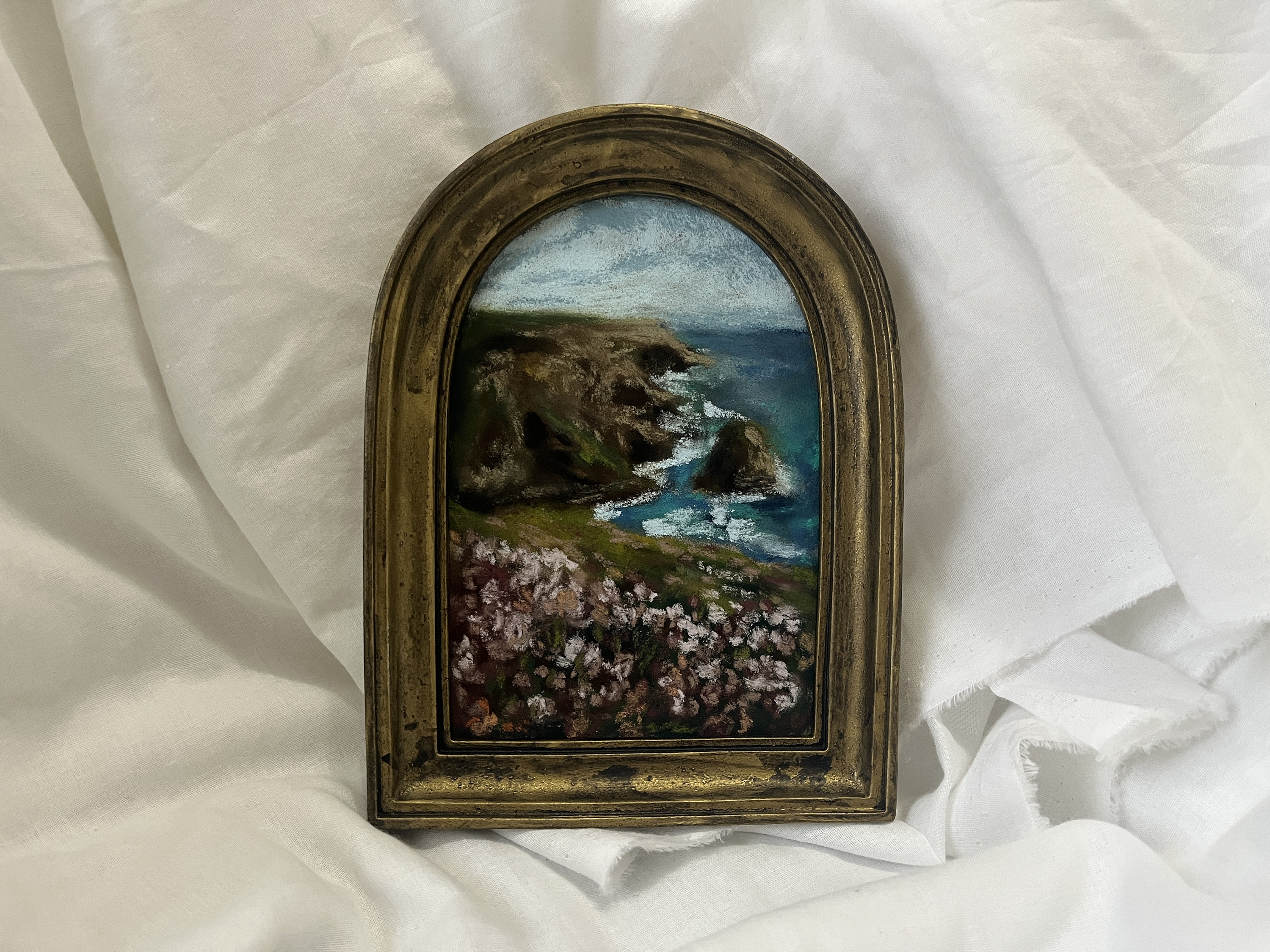 パステル画 額入りオリジナルソフトパステルフラワーと海景画 | カラフルな海景