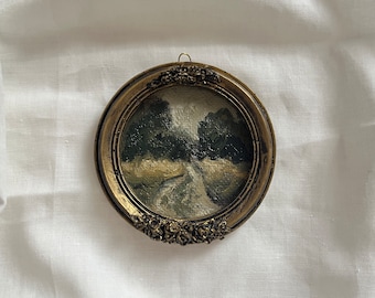Round Vintage Looking Golden Framed oil painting landscape, Original and authentic French countryside artwork in Antique mood frame