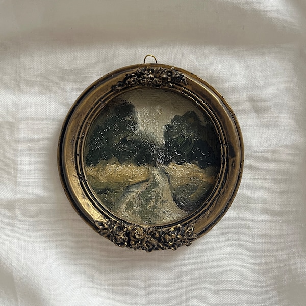Round Vintage Golden Framed oil painting landscape, Original and authentic hand painted French countryside artwork Antique framed landscape