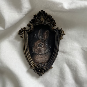 Vintage framed bunny portrait, gothic original handmade rabbit painting, bunny oil painting, original oil painting wall gallery, bunny art