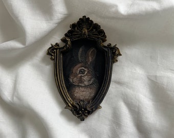 Vintage framed bunny portrait, gothic original handmade rabbit painting, bunny oil painting, original oil painting wall gallery, bunny art