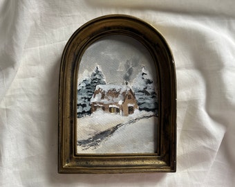 Vintage Golden Framed watercolor winter landscape Christmas original and authentic hand painted french countryside moody snowy rustic house