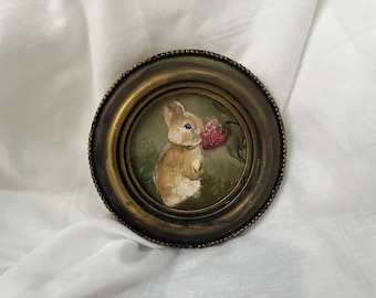 Round Vintage framed bunny portrait, Cute original handmade rabbit painting, bunny painting, original oil painting wall gallery, bunny art