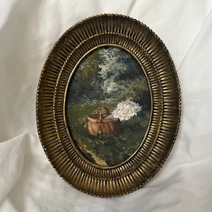 Originele en unieke ingelijste mand met bloemen aquarel in handgemaakte lijst, Ovaal gouden ingelijst cadeau aquarel schilderij Vintage wandkunst