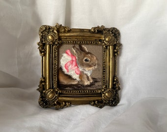 Unique framed cute little bunny | Dressed bunny original painting | Vintage rabbit art | Golden antique handmade frame | little girl gift