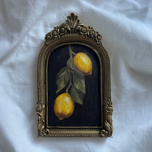 Vintage framed still life with lemons, Original handmade oil painting in handmade golden frame, Antique still life with fruits, vintage art