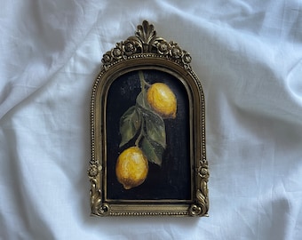 Vintage framed still life with lemons, Original handmade oil painting in handmade golden frame, Antique still life with fruits, vintage art