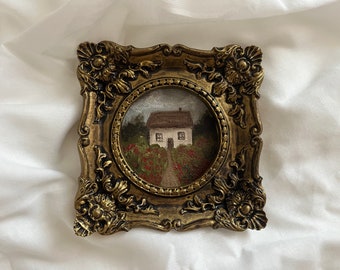 Vintage original framed countryside landscape, vintage house and garden oil painting, vintage little rural painting, antique original art