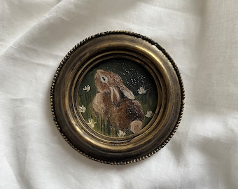 Round Vintage framed bunny portrait, gothic original handmade rabbit painting, bunny painting, original oil painting wall gallery, bunny art