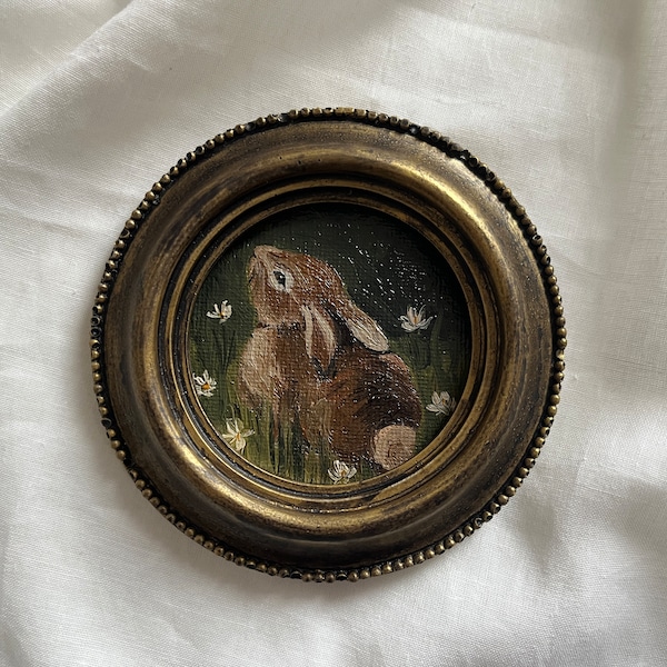 Round Vintage framed bunny portrait, gothic original handmade rabbit painting, bunny painting, original oil painting wall gallery, bunny art