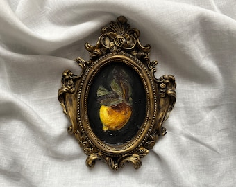 Vintage ingelijst stilleven met citroen, origineel handgemaakt olieverfschilderij in handgemaakte gouden lijst, antiek stilleven met fruit, vintage kunst