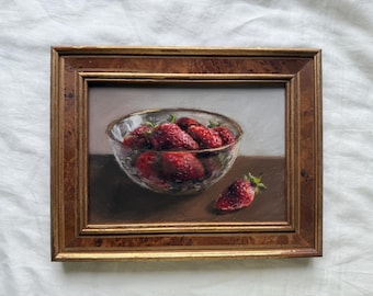 Unique Strawberry Still Life Pastel Painting in Vintage French Frame
