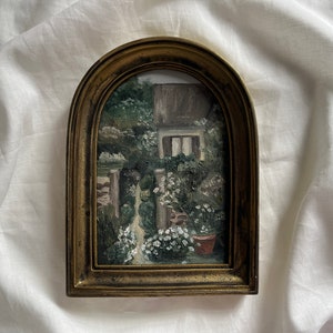 Framed arched landscape of a cottage and garden | 5x7 inches | It can be hung and displayed