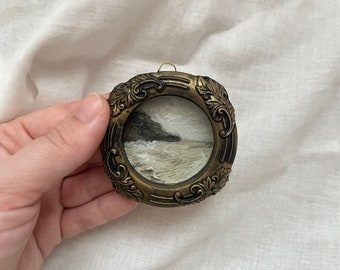 Golden frame beach oil painting, Vintage golden frame seascape, original coastal oil painting, antique beach painting, little painting art