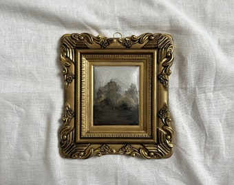 Vintage framed original oil painting on canvas moody landscape, abstract landscape oil painting, authentic golden frame trees field tiny art