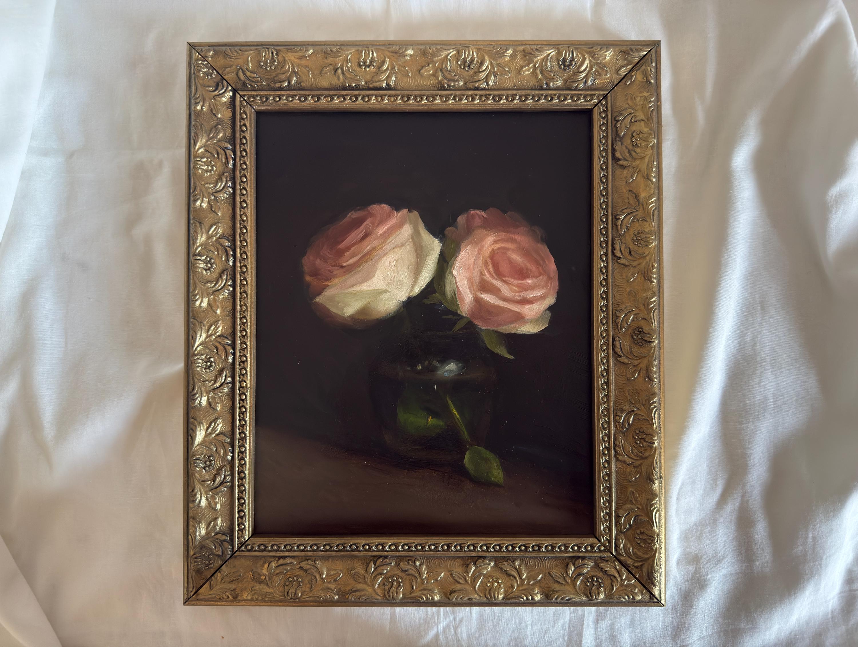 ユニークな静物画、ピンクのバラ、木製フレーム入り油絵 | 9x7インチ