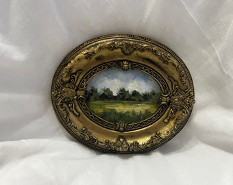 Vintage Golden Oval Framed oil painting landscape field and trees Original and authentic painted French countryside moody rustic scenery art
