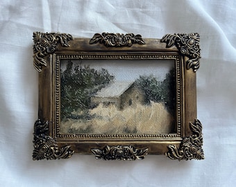 Vintage Golden Framed oil painting landscape farmhouse and garden Original and authentic hand painted french countryside moody rustic house