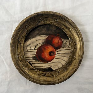 Natura morta unica con cornice e melograno, dipinto originale ad acquerello fatto a mano in cornice dorata fatta a mano, natura morta suggestiva con frutta