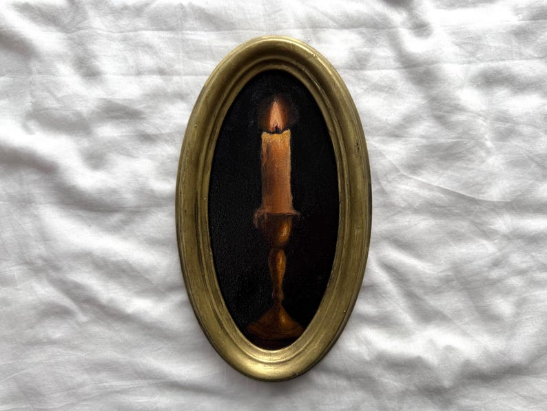 Original Oil Still Life Candle Painting in Oval Ceramic Frame
