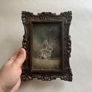 Vintage framed bunny portrait, gothic original handmade rabbit painting, bunny oil painting, original oil painting wall gallery, bunny art Bunny 6