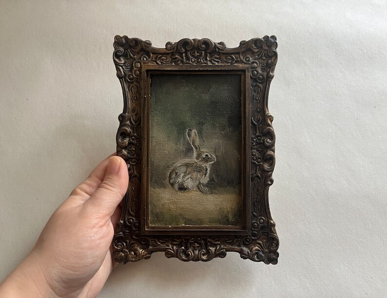 Vintage framed bunny portrait, gothic original handmade rabbit painting, bunny oil painting, original oil painting wall gallery, bunny art Bunny 6