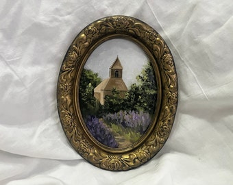 Vintage Oval Golden Framed oil painting landscape Provence church, Original and authentic hand painted French countryside lavender art