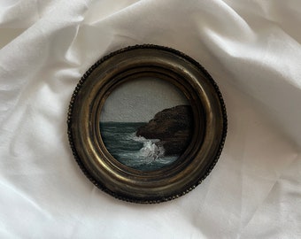 Vintage round framed seascape oil painting | Original arched antique tropical wall art | Framed beach oil painting gallery | Coastal sea art