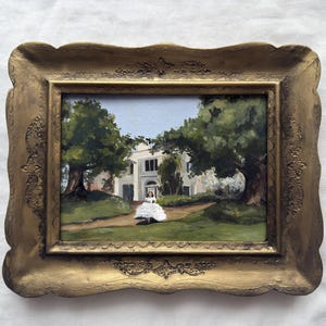 Dipinto con cornice raffigurante una donna vittoriana del sud | Dipinto unico raffigurante un paesaggio del sud America | Decorazioni per la Georgia negli Stati Uniti | Arte nostalgica serena