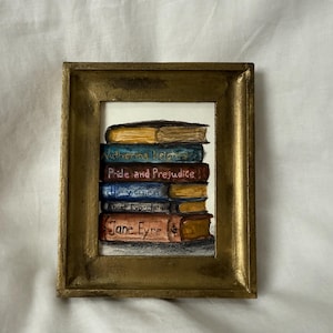 Acquerello di libri classici - Illustrazione originale incorniciata, decorazione da biblioteca vintage, regalo letterario, opera d'arte dipinta a mano per gli amanti dei libri
