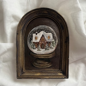 Vintage Golden Framed winter landscape Snow globe oil painting, Christmas original hand painted European still life with vintage snow globe