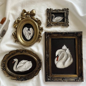 Framed swan oil painting, golden framed swan oil painting, Original vintage swan painting, Handmade antique framed oil painting, vintage art